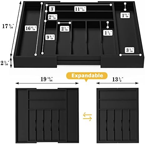 Utensil Organizer Silverware Drawer Organizer - Bamboo Expandable Cutlery Tray with Dividers for Utensil Holder Office Storage Makeup Desk Drawer Tool Organization W13.5"-19.5" x L17.5" x H2.5"(Black) - Image 4