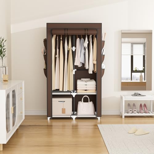 VTRIN Portable Closet Wardrobe for Hanging Clothes with 4 Storage Shelves, 2 Hanging Rods and 6 Pockets, Stable and Easy Assembly Clothes Rack with Cover Free Standing Closet, Brown - Image 2