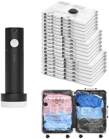 Vacuum Seal Bags for Clothing Travel and Home Storage, Travel Vacuum Bags with Electric Pump, Space Saver Compression Packing Cubes for Luggage Suitcase Bedding Blankets Clothes, 18 Combo by SUOCO