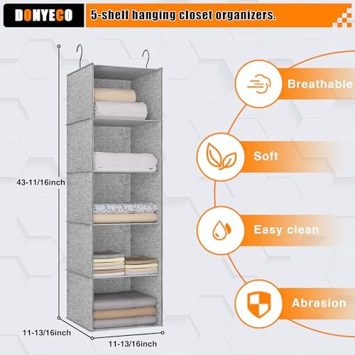 Hanging Closet Organizer 5-Shelf, Oxford Linen Wardrobe Storage, Gray - Image 3