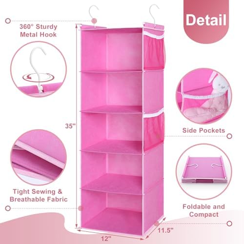 MAX Houser 5-Shelf Hanging Closet Organizer, Hanging Storage Shelves with 4 Side Pockets Space-Saving for Bedroom, Foldable (Pink) - Image 3