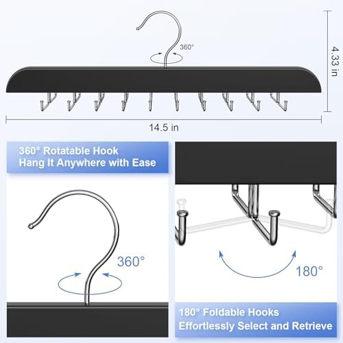 RESOVO Upgraded Tie Rack Hanger with 20 Foldable Metal Hooks, Space Saving Necktie Organizer for Men – Large Capacity Tie and Belt Wooden Hanger for Closet - Black 2 Pack - Image 3