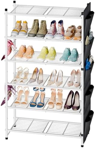 6 Tier 27" Metal Shoe Rack for Closet, Shoe Organizer Storage Shlef with Pocket, White by MWQ