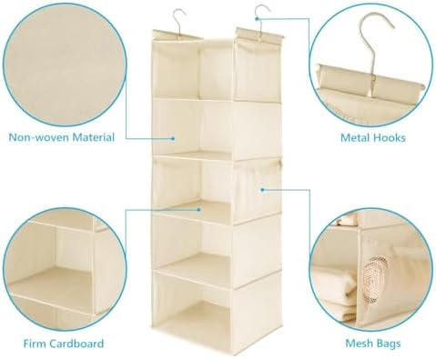 MAX Houser 5 Tier Hanging Closet Organizer with 4 Side Pockets, Beige - Image 5