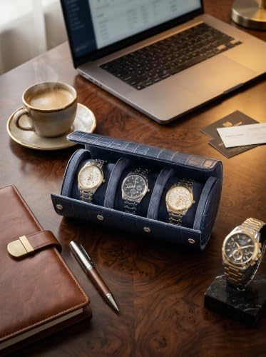 MR.OKAY 3 Watch Travel Case- Classic Leather Watch Case With Superb Texture. (Portable Watch Roll Or Organizer For Storage And Display).Festival Gift For Men, All Handcrafted By Artisans. - Image 3