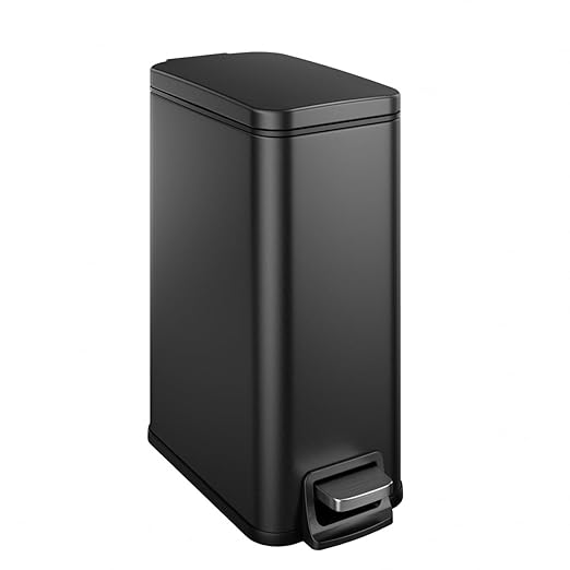 Bathroom Trash Can with Lid Slim 1.6 Gallon Stainless Steel Garbage Can with Removable Inner Bucket Soft Close Lid Durable Step Pedal Trash Bins for Toilet Bedroom Office (Matte Black, 1.6 Gallon)