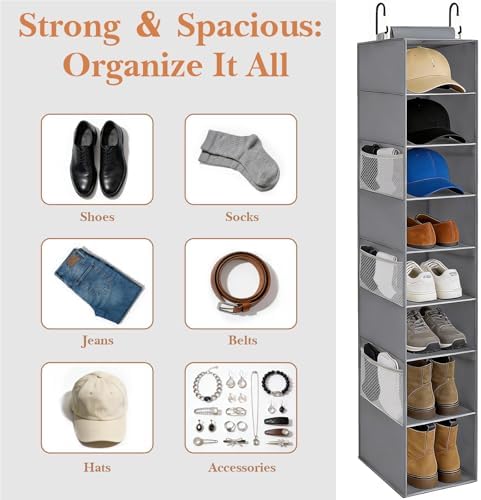 Hanging Shoe Organizer for Closet,8-Shelf Hanging Storage with Side Mesh Pockets,Wider Shelves for Baseball Caps,Clothes (9" W × 11.8" D × 54" H) Grey - Image 7