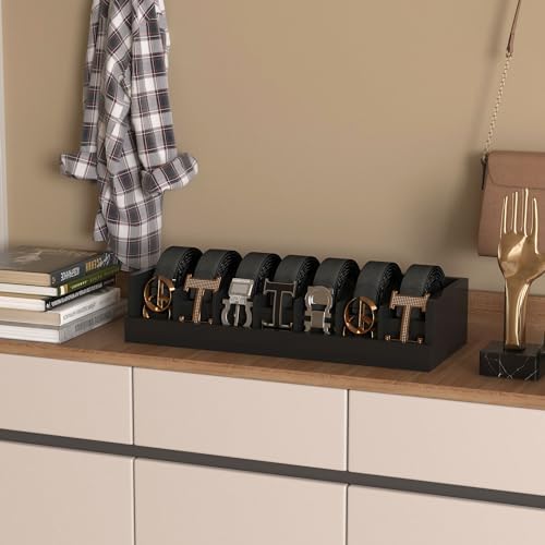 Bamboo Belt Storage Organizer Box - Belt Organizer for Closet | Wooden Belt Tie Hanger Racks for Men Women Drawer | Belt Display Holder Wall Mount with 2 Pcs Tie Clip (Black, 2 7GRIDS) - Image 6