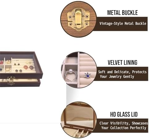 CT SUN Small Wooden Ring & Earring Organizer Box Case, Display Case with HD Glass Lid, Velvet Lining, Organizer for Women Rings Earrings Bracelets Brooches, Compact Size Jewelry Box for traveling - Image 5