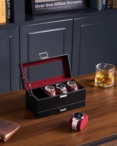 Lolalet 4-Slot Watch Case for Men, Mens Jewelry Box with Glass Lid -Winered - Image 4