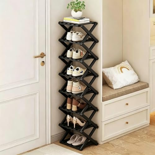 8 Tier Foldable Shoe Rack, Bamboo Vertical Shoe Organizer Tall for Multifunctional Narrow Shoe Shelf for Entryway, Closet, Corner, Bedroom, Hallway(Black) by XZXWZX