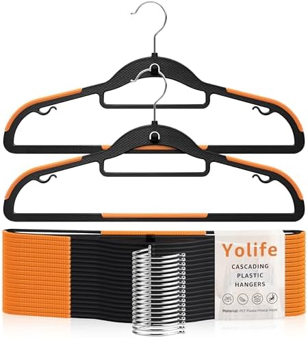 Yolife Cascading Plastic Clothes Hangers 20 Pack with Inner Hook for Vertical Storage, Slim Space Saving Hangers with Non-Slip Pads, 360° Swivel Metal Hook, Versatile, Black & Orange by yolife