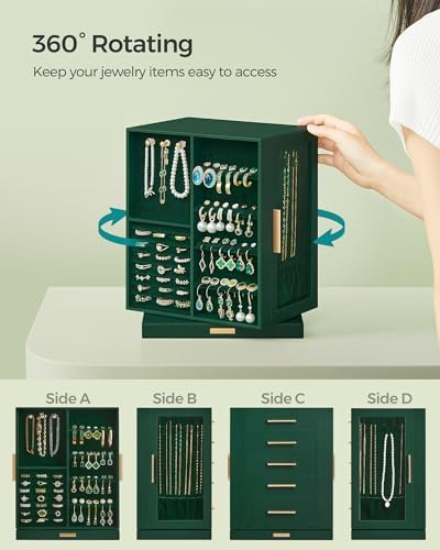 SONGMICS Jewelry Box Organizer, 360° Rotating, 5 Drawers, Forest Green - Image 3