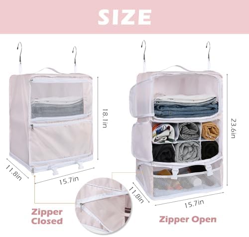 Surblue Hanging Shelves Travel Storage Bag Compression Packing Cube for Suitcase Portable Closet Organizer Collapsible with Extension Layer Large Capacity,Pink,XXL - Image 5