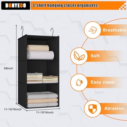 Hanging Closet Organizer 3-Shelf, Oxford Fabric Wardrobe Storage, Black - Image 3