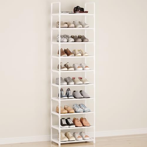 10-Tier Large Capacity Shoe Rack, Sturdy Narrow Shoe Stand for Entryway, Closet, Hallway, 20-25 Pairs Waterproof Dustproof Shoe Storage, Space Saving Tall Shoe Tower(White) by Hockmez
