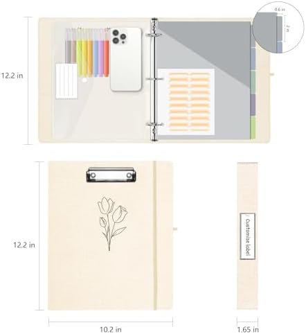 1 Inch 3 Ring Linen Binder Organizer, BVSSX Three Ring Binders with Clipboard, Plastic Folder, 5-Tabs Pocket Dividers with Sticker Labels, Pen Loop, Elastic Strap (Beige, Letter Size) - Image 6