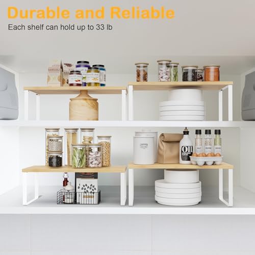 OGEMXU Cabinet Shelf Organizers, 15.7 inches Large Kitchen Counter Shelf, Set of 4 Wood Kitchen Pantry Organizer, Storage Shelves for Countertop, Spice Rack, Stackable, Expandable, Metal White, Nature - Image 4