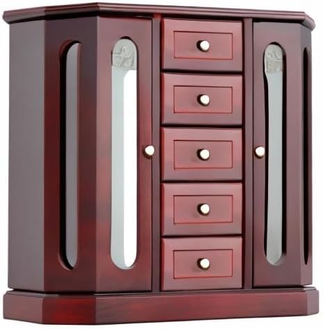 RR ROUND RICH DESIGN Jewelry Box - Made of Solid Wood with Cabinet Type 5 Drawers Organizer and 2 Separated Open Doors on 2 Sides and Large Mirror Brown