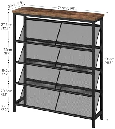 CHOEZON Shoe Rack, 5-Tier Slanted Shoe Storage Shelf, Narrow Shoe Rack for Entryway, Shoe Organizer with Adjustable Feet, Slim Shoe Shelf with Wooden Top and Metal Frame Rustic Brown and Black TXJ02BF - Image 3