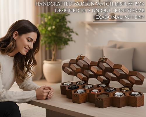 Extra Large 12 Slot Superior Rosewood Honeycomb Wall Mounted Watch Box Display Case Holder for Men, Vintage Hanging Watch Storage Organizer to Keep Watches Safe and Sophisticated - Image 3