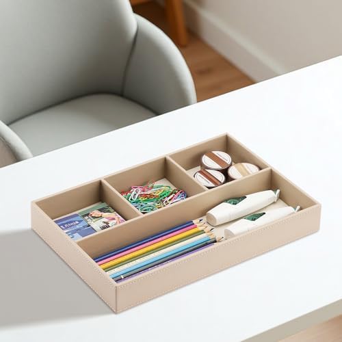 KINGFOM 4-Slot Leather Drawer Tray Desk Stationery Sundries Organizer Storage Box Pen Pencil Holder Case Container (Dark Beige) - Image 3
