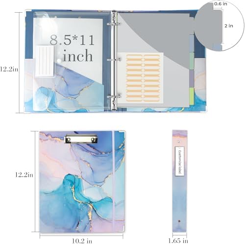 1 Inch 3 Ring Binder Organizer with Clipboard, 5-Tab Pockets Dividers, Clear Folder, 18 Divider Stikers, BVSSX Decorative Three Ring Binder with Pen Loop, Elastic Strap (Blue Marble,Letter Size) - Image 6
