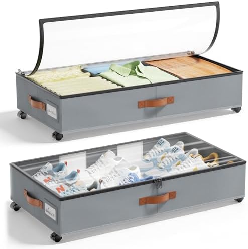 LAMU Under Bed Storage with Wheels, 2 Pack Under Bed Storage Containers with Clear Lids & Label, Rolling Under Bed Drawers for Clothes, Shoes, Blankets, Grey by YourHome-OrganizationHelper
