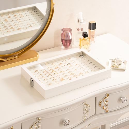 Lolalet Jewelry Organizer Tray with Lid, 100 Grids Velvet Ring Organizer Holder Storage Box for Drawer -Beige - Image 5