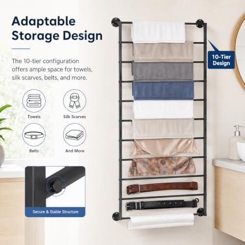 10 Tier Wall Mounted Rack,Scarf Display Stand,Belt Pants Hangers Scarves Hijab Stand, Towel Rack Ribbon Holder,Wrapping Paper Spool Storage for Retail Store - Image 5