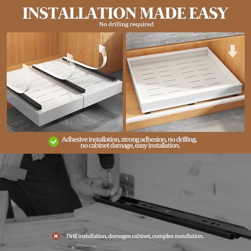 Seinloes 6 Pack Expandable Pull Out Cabinet Organizer 21"Deep With Raising Pad for Framed Cabinets,Upgrade 3 Slide Rails Slide Out Drawers,No Drill Roll Out Shelves,Adjustable Width 12.1"-20.4" White - Image 6