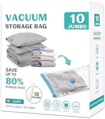 10 Pack Jumbo Space Saver Vacuum Storage Bags Seal Bags for Clothing Travel Compression Bags for Comforters Blankets Bedding Pillows Luggage Hand Pump Included by ZOESTORAGE