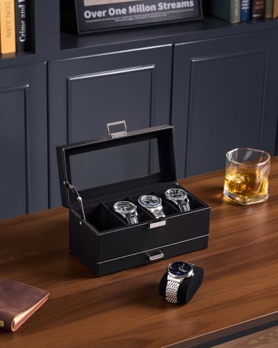 Lolalet 4-Slot Watch Case for Men, Mens Jewelry Box with Glass Lid -Black - Image 4