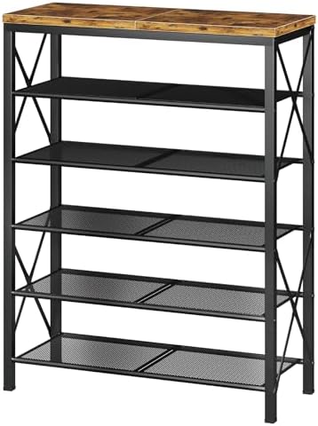 6 Tier Shoe Rack, Metal Shoe Stand with Wooden Top, Sturdy Shoe Shelf for Entryway Closet, Rustic Brown by MILEFA