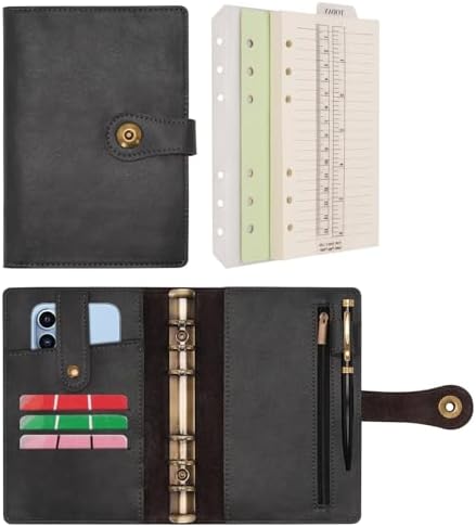Wonderpool A6 Binder Journal Leather Spiral Notebook Refillable College Ruled Paper, Budget Binder Rings Diary Organizer with Pen for Office School Travel Business Planning Writing (Black,A6) by Wonderpool