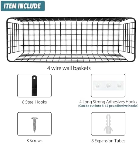 4 Set [EXTRA LARGE] Hanging Wall Mount Storage Baskets with Adhesive Hooks & Steel Hooks, Multiuse Sturdy Wire Metal Organizing Baskets for Home Kitchen Bathroom Pantry Utility Organizer, Black - Image 3