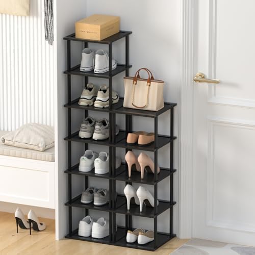 MHXW SXPN Bamboo Free Standing Shoe Rack Shelf Multi Tier Tall Wooden Stackable Shoes Rack Organizer for Closet Front Door Entrance Narrow Vertical Shoe Storage (Black, 12 Tiers) by MHXWSXPN