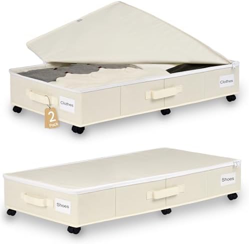 Vincona Under Bed Storage with Wheels, 2 Pack Under Bed Storage Containers with Label Holders for Clothes, Shoes and Blankets, Rolling Underbed Shoe Organizer with Cover, Beige (35.43x15.7x7.28 in) by Vincona