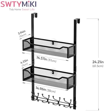 SWTYMIKI Over The Door Hooks Organizer - Multi-Functional Door Hanger with 16 Hooks & 2 Mesh Baskets, Long Coat Rack for Bathroom, Bedroom, Living Room, Home Storage Organizer, Black - Image 7