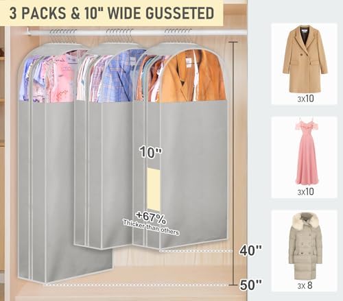 MISSLO 10" Gusseted Garment Bags for Hanging Clothes 40"+50" Clear Suit Bags for Closet Storage Dress Bag for Gowns Long Coat Protector, 3 Packs, Grey - Image 2