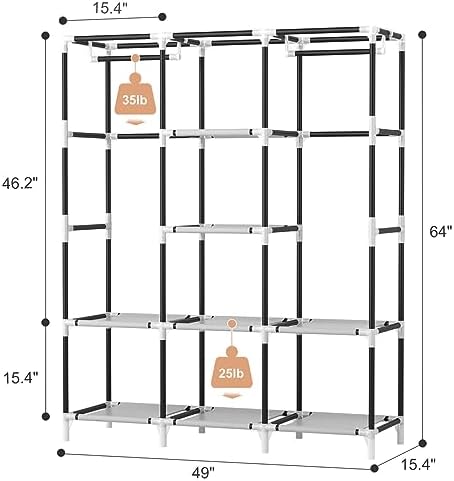 VTRIN Portable Closet Wardrobe for Hanging Clothes with 2 Hanging Rods and 8 Storage Organizer Shelves,Sturdy Large Wardrobe Closet for Bedroom Free Standing Clothes Rack with Cover,Grey - Image 3