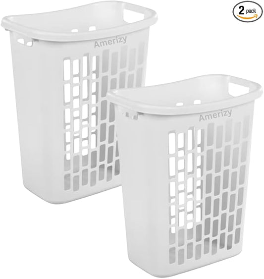 Large White Plastic Laundry Hamper – Rectangular Open Top Clothes Basket with Ventilation, Lightweight Durable Bin for Bedroom, Bathroom, Closet or Dorm Use 2 pack