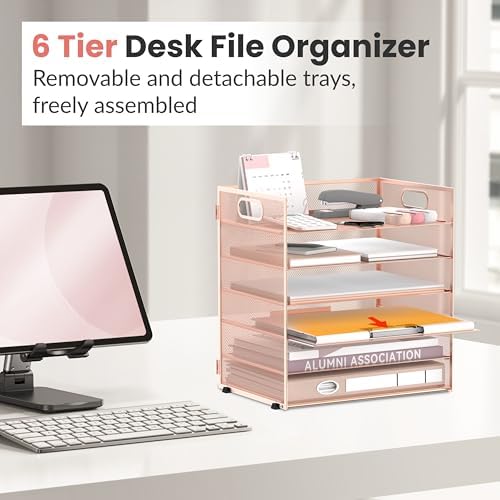Daltack 6-Tier Paper Organizer for Desk with Handle, Rose Gold - Image 5