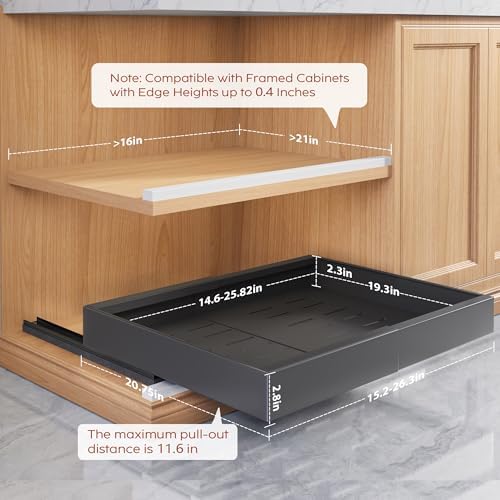 Seinloes 2 Pack Pull Out Cabinet Organizers 21" Deep With Raising Pad for Framed Cabinets, Expandable Width (15.2"-26.3") Slide Out Drawers Upgrade 3 Slide Rails, Roll Out Shelves Adhesive, Black - Image 4