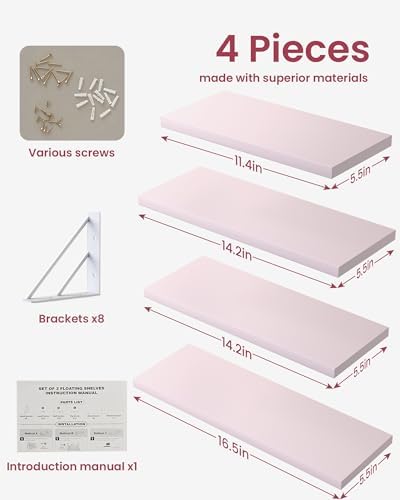 BAYKA Wall Shelves for Bedroom Decor, Wood, Pink, Set of 4, 16in - Image 4