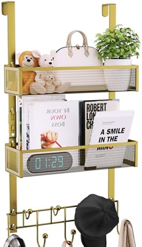 Consumest Over The Door Hooks Organizer - 3 Tier Door Hanger with 9 Coat Hooks & 2 Mesh Basket, Back Storage Organizer Hanging Towels for Bathroom, Bedroom, Gold by Consumest