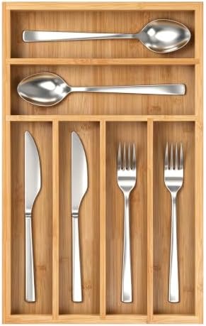 Bamboo Silverware Drawer Organizer, 6 Slots Kitchen Drawer Tray by Thalomely