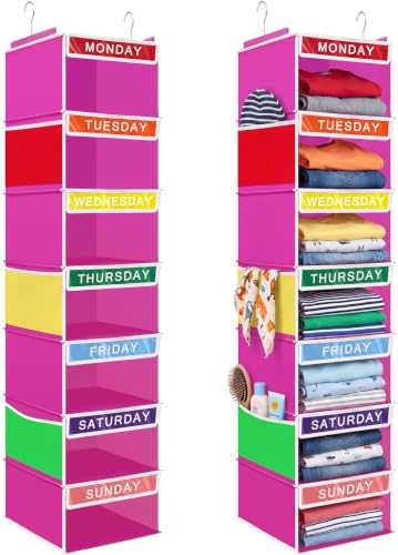 Amylove 2 Pcs 7 Shelf Weekly Clothes Organizer for Kids Hanging Closet Organizer 11. 8 x 11. 8 x 50 Inch Daily Activity Kids Clothes Storage Drawers Cube Drawers Closet Hanging Shelves(Rose Pink) by Amylove