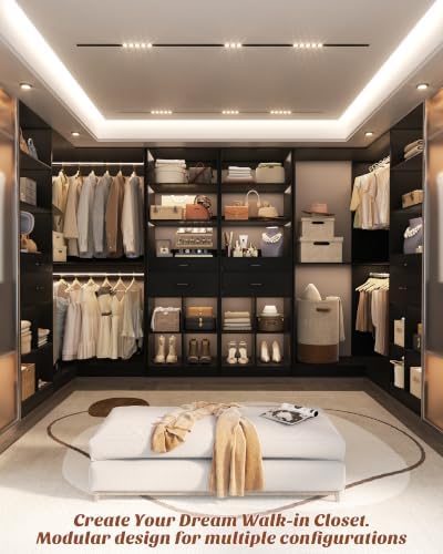 Besiost Closet System with 4 Drawers, 53.5"*53.5"/ 31.5"*75.5" Closet Organizer System with Corner Tower, L Shaped Walk-in Closet System, Corner Closet System with Shelves, Set of 3, Black - Image 5