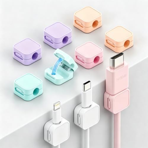 10 Pack Cord Organizer, Magnetic Cable Management, Cord Holder for Desk, Adhesive Cable Clips Wire Keeper for Nightstand, Home, Office, Desktop, Car, Wall (Multicolored) by IHIJHD